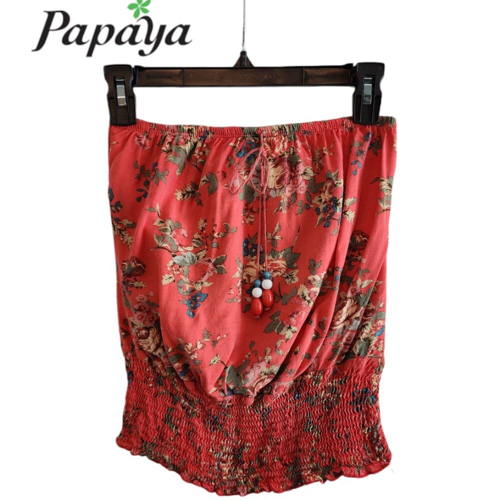 Papaya Coral Floral Pattern Strapless Bandeau Going Out Top S